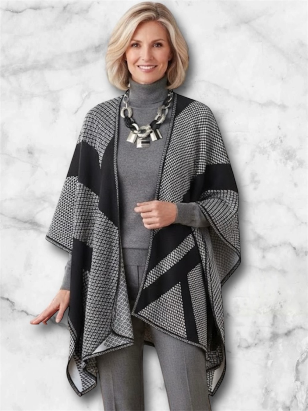 Chico’s Black White Open Front Poncho Cape Wrap Houndstooth Geometric One Size